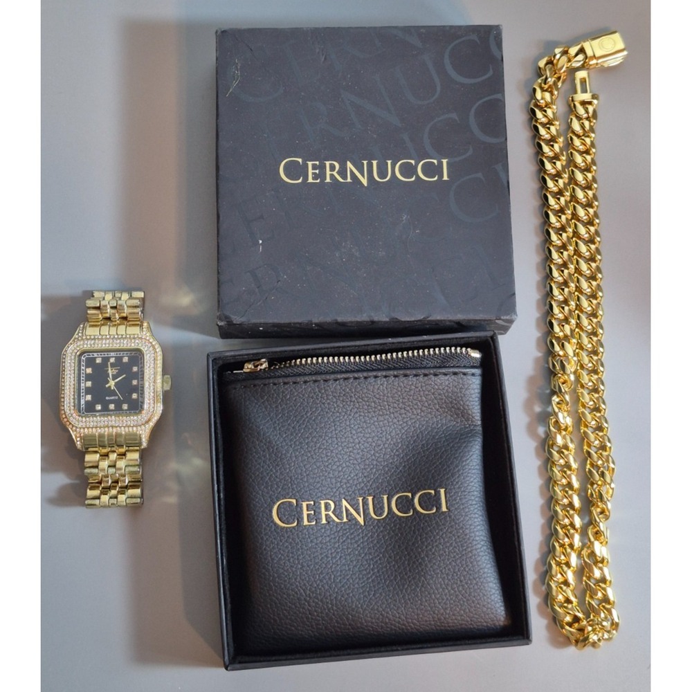 Cernucci Cuban Chain Gold-Tone 20" Techno Rave Mens Bling Watch